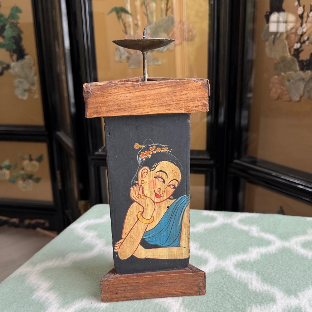 Handcrafted vintage Wooden Candle Holder with Artistic Design